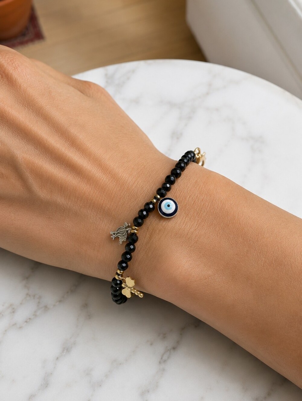 Black Crystal Evil Eye Dragonfly Charm Bracelet